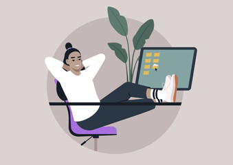 Person enjoys a moment of relaxation in a vibrant workspace, feet comfortably resting on the desk while engaging with digital tasks, embodying a creative and laid-back atmosphere