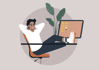 Person enjoys a moment of relaxation in a vibrant workspace, feet comfortably resting on the desk while engaging with digital tasks, embodying a creative and laid-back atmosphere