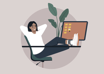 Person enjoys a moment of relaxation in a vibrant workspace, feet comfortably resting on the desk while engaging with digital tasks, embodying a creative and laid-back atmosphere