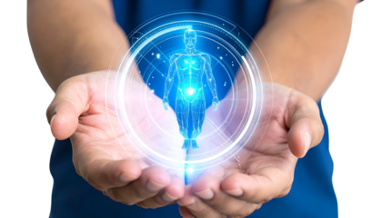 Open hands cradle a glowing, futuristic human figure, showcasing health and technology