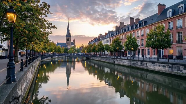 Scenic Canal View With Historic Buildings Reflection in Calm Water Under Cloudy Sky at Sunset in Amiens France With Lamppost and Lush Trees