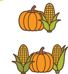 Autumn harvest border illustration with pumpkins and corn in simple flat style, fall season vegetable design for Thanksgiving decor