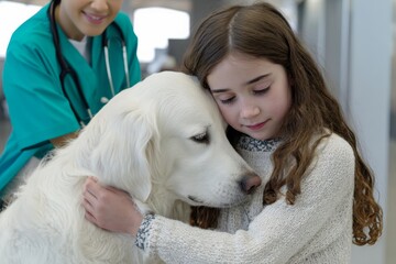 Comforting Embrace Girl Hugging Golden Retriever at Vet Clinic for Health Check-up and Animal Care
