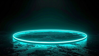 Glowing Teal Neon Ring Stage Platform on Dark Textured Surface with Small Particles