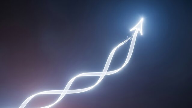 White glowing twisted arrow rising with scattered spark particles.