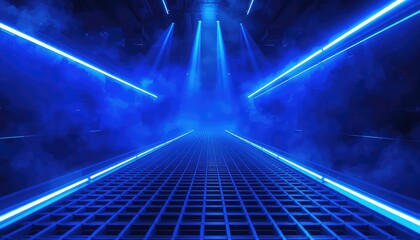 A vibrant, futuristic corridor illuminated by intense blue neon lights and atmospheric haze