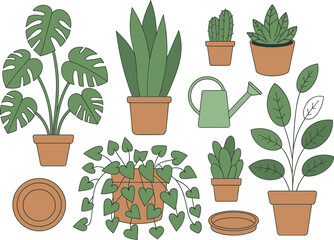 Flat houseplant vector set featuring potted plants, succulents, cactus, watering can, and terracotta pots for botanical design, decor, and gardening projects