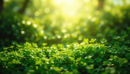 Sunlit clover carpet bathed in warm golden light, evoking a sense of natural serenity and growth