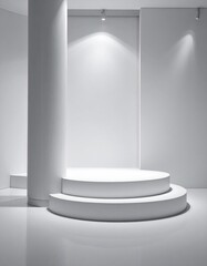 Fototapeta premium Minimalist White Stage Podium With Spotlight And Column In Modern Gallery