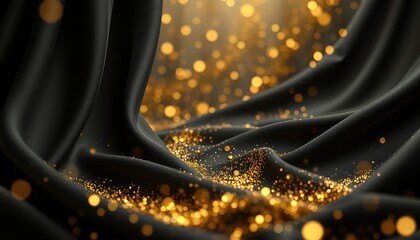 Elegant black fabric draped with shimmering golden particles and bokeh lights