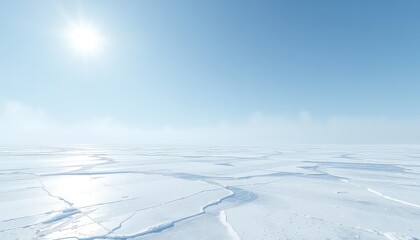 Vast frozen expanse bathed in bright sunlight under a clear sky