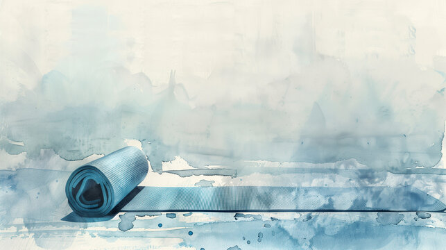 Blue yoga mat unrolled on a textured watercolor background for relaxation and wellness themes - Powered by Adobe