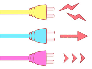 シンプルなコンセントとピンクの電気や矢印のイラスト
