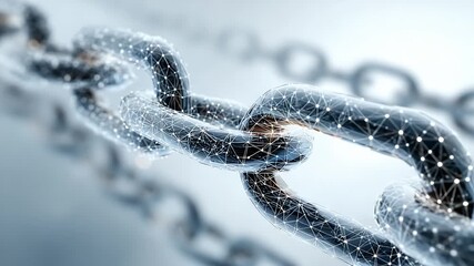 Close up of a digital network chain link with glowing nodes and connections symbolizing data transfer and interconnected systems - Powered by Adobe