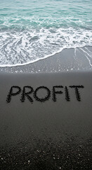 Black sand texture with "PROFIT" written on it, turquoise sea with white foam in background, symbolizes business, finance, earning, benefit, gain