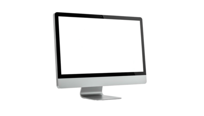 A silver computer monitor with a blank white screen angled to the right against black