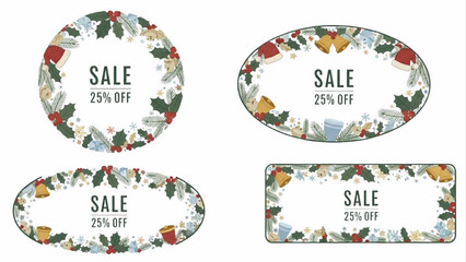 Elegant festive holiday sale frames with winter botanical elements, perfect for seasonal discounts and promotions