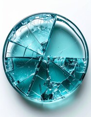 Abstract shattered glass petri dish filled with blue liquid and light reflections