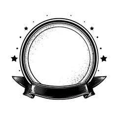 Vintage Retro Hand-Drawn Circular Emblem Badge with Empty Frame, Banner, and Stars, Black and White Vector Template