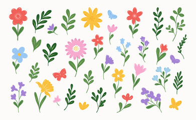 Hand drawn spring and summer flowers. Minimalist vector illustration.  Wildflower, leaves, herb, plants. Ideal for wedding invitations, posters, greeting cards.