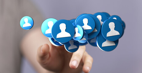 Person connecting with social media network, digital people community concept. The hand interacts with the digital icons. Social networking, com