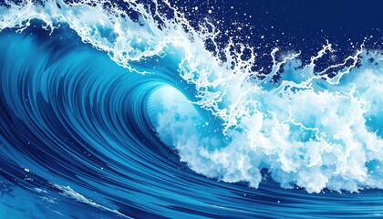 Powerful oceanic wave curling and crashing with foamy spray under a deep blue sky