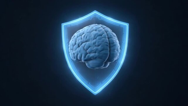Abstract Digital Illustration of a Human Brain Protected by a Shield Symbolizing Security and Knowledge 4k video footage