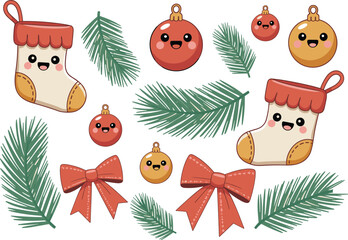 Kawaii Christmas illustration set featuring cute stockings, ornaments, bows, and pine branches, perfect for holiday décor, festive designs, scrapbooking, and crafts