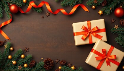 Festive holiday presents and evergreen branches arranged on a textured wooden surface with decorative accents