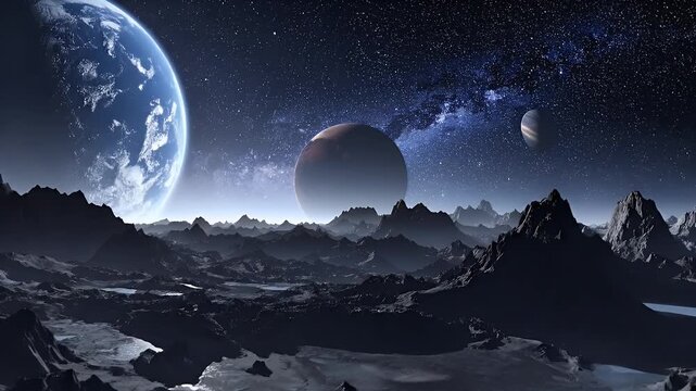 Scenic Exoplanet Landscape with Rugged Terrain and Multiple Distant Planets in a Starry Night Sky Rendered in High Detail