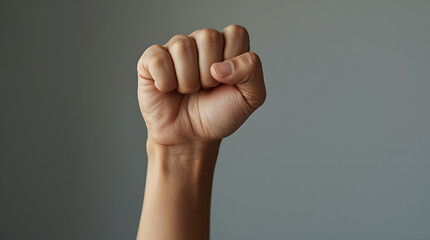 A close-up view of a raised fist symbolizes strength, resistance, and empowerment. It often serves as a visual representation of solidarity in social and political movements.