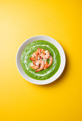 Green broccoli soup with shrimp. Vegetarian food. Healthy eating.