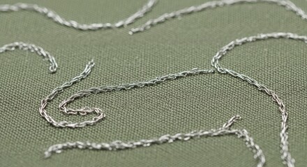 Close-up of intricate white embroidery on a green fabric surface, showcasing delicate thread work and textured patterns.