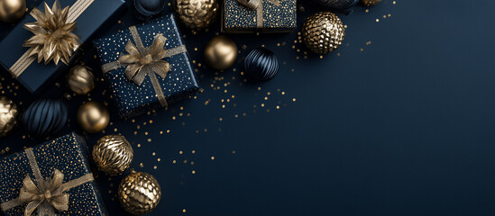 Naklejka premium Christmas background blue gift boxes and gold baubles