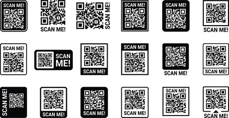 QR code labels, scan me icons, digital access signs, contactless technology symbols, marketing stickers, mobile scanning prompts, modern black and white designs