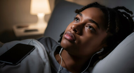 Young african american woman with dreadlocks lying in bed with smartphone and listening to music at night, experiencing insomnia.