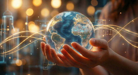 A businessman holds a glowing global sphere connected by a digital network, symbolizing marketing strategy, creative solutions, and modern business technology that drives innovation.