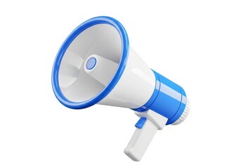 A 3D illustration of a blue and white megaphone with a handle and a wide speaker