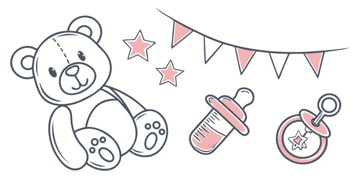 “Baby announcement SVG, cute pastel outline icons, teddy bear, stars, pacifier, modern minimal nursery design.” - Powered by Adobe