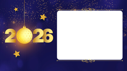 Sparkling golden 2026 New Year Numbers on Reflective Surface with Glowing Lights and Bokeh Background Isolated on blue background for Social Media Advertisement Banner. space for writing