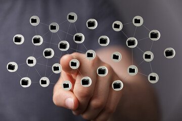 Abstract network of interconnected data files representing information storage and cloud computing, touching a