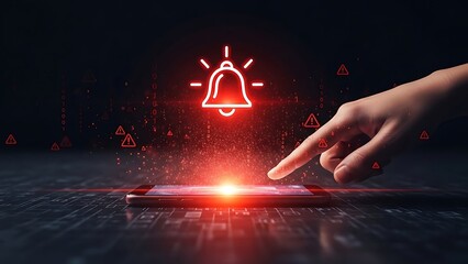 Hand touches phone, red glowing bell icon, digital alert and data security