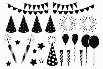 Collection of festive party elements in a black silhouette style