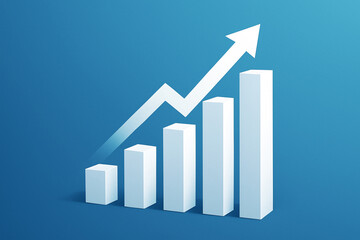 3D White Bar Chart with Upward Arrow on Blue Background