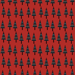 Seamless geometric pattern with stylized Scandinavian Christmas trees abstract folk art motif uses black trees decorated with charming red blue and white dots and stripes on red background Vector