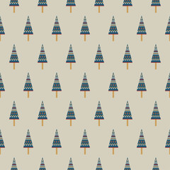 Seamless geometric pattern with stylized Scandinavian Christmas trees abstract folk art motif uses blue trees decorated with charming red yellow and white dots and stripes on beige background Vector