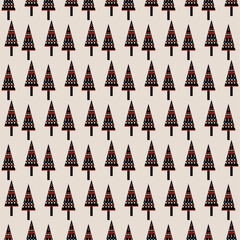 Geometric and abstract seamless vector pattern with stylized Christmas trees on neutral background Perfect for holiday greeting cards wrapping paper fabric web backgrounds and print on demand products