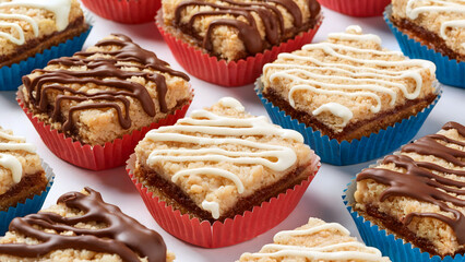 Assorted baked dessert pastries with icing and toppings arranged on colorful serving plate