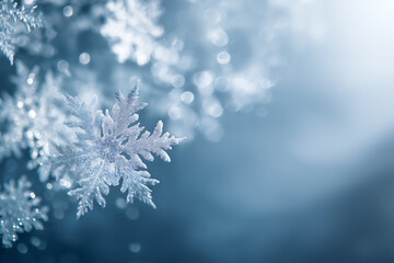 Close-up of sparkling ice crystal snowflake, festive winter background