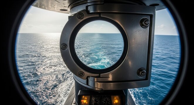 View of the ocean through a submarine periscope, showing the water surface and horizon.